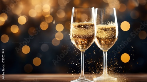 Two champagne glasses on bokeh background  Generative Ai Glasses of champagne at New Year party. Celebration toast. New Year s cards. AI generative.