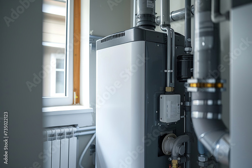 A gas boiler. Copper pipes, stainless steel ball valves, plastic pipes of the central heating system and water pipes with thermal insulation in the boiler room in the apartment during operation.
