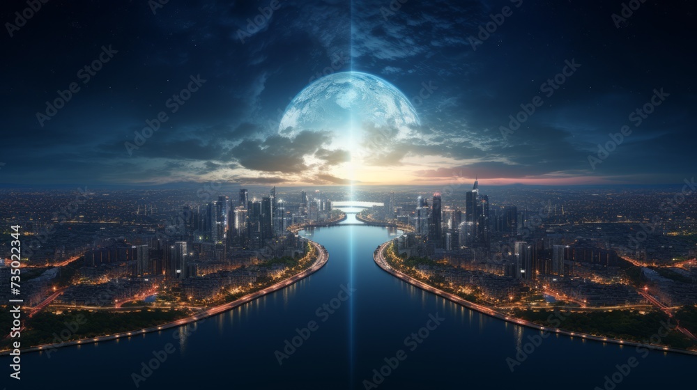 Beautiful night landscape with big moon, river and city lights.