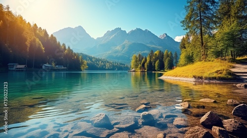 Picturesque summer view of Eibsee lake with Zugspitze mountain range.