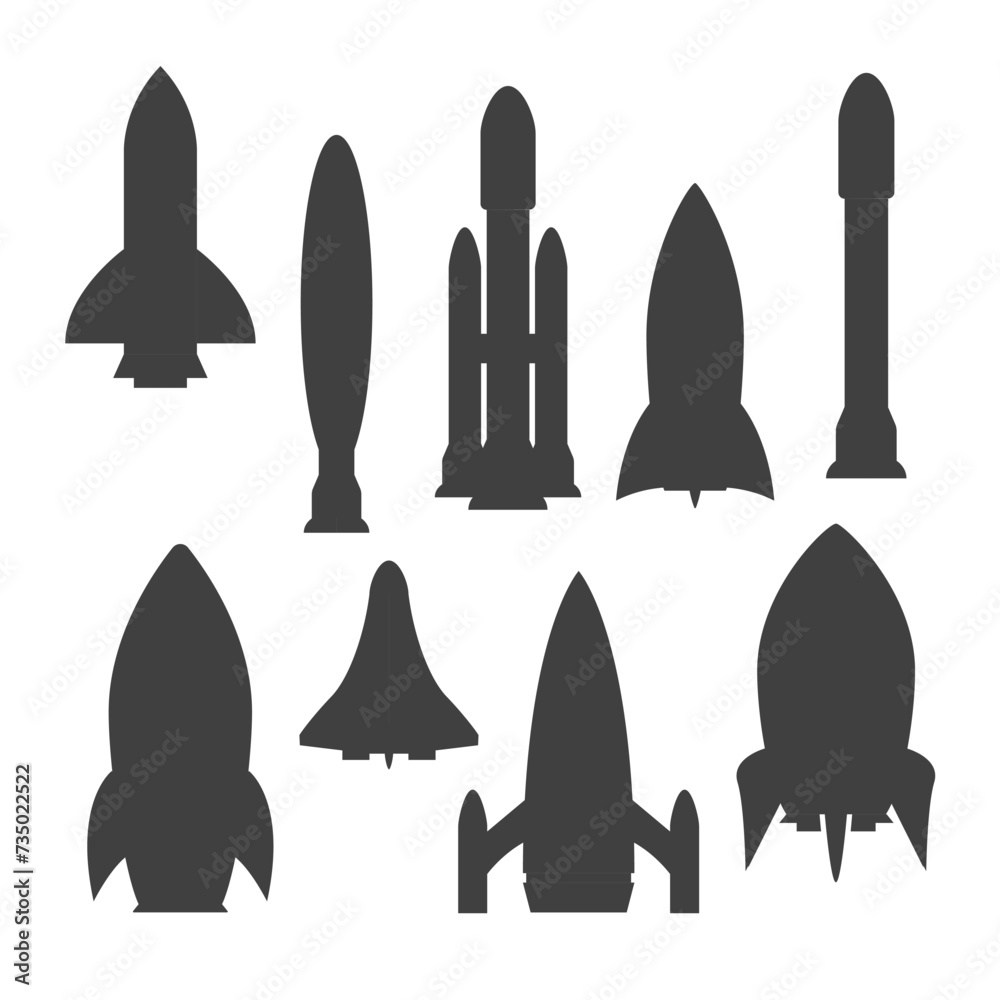 Rocket silhouette illustration astronaut vehicle icon. Rocket launch vector missle spaceship future speed cartoon concept. - obrazy, fototapety, plakaty 