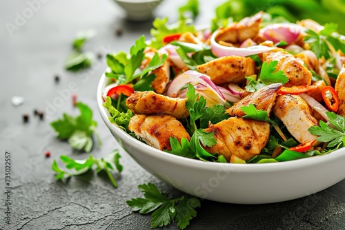 chicken salad with onions and coriander in a white bowl