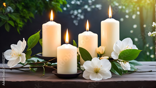 White Flowering Branch and Candles Lights in a Garden  Floral Concept with Burning. greeting card.