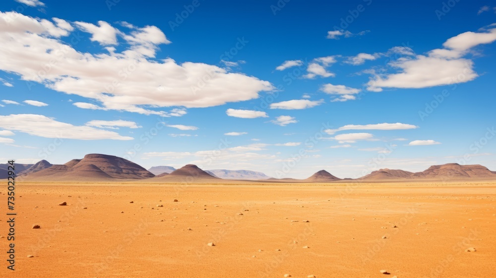 The most beautiful landscape of Africa, an empty desert against a blue sky with rare white clouds on a sunny day. Copy space. The most beautiful landscape of Africa, an empty desert against a blue sky with rare white clouds on a sunny day. Copy space.