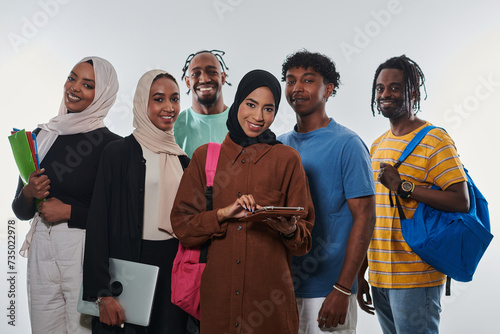Group of diverse students engages in modern educational practices, utilizing a variety of technological tools such as laptops, tablets, and smartphones against a clean white background, exemplifying