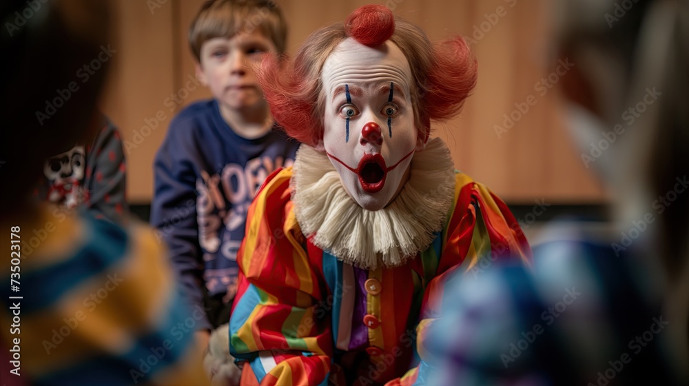 A clown with bulging eyes looks at the children in surprise