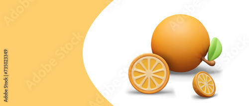 3D ripe orange in cartoon style. Whole fruit and half. Vector template