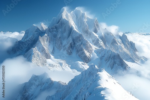 Majestic snowy mountains under a sunny sky, offering a panoramic view of breathtaking landscape.