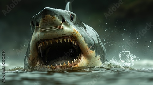 A shark, an aquatic organism, swims in the liquid with its fangs exposed photo