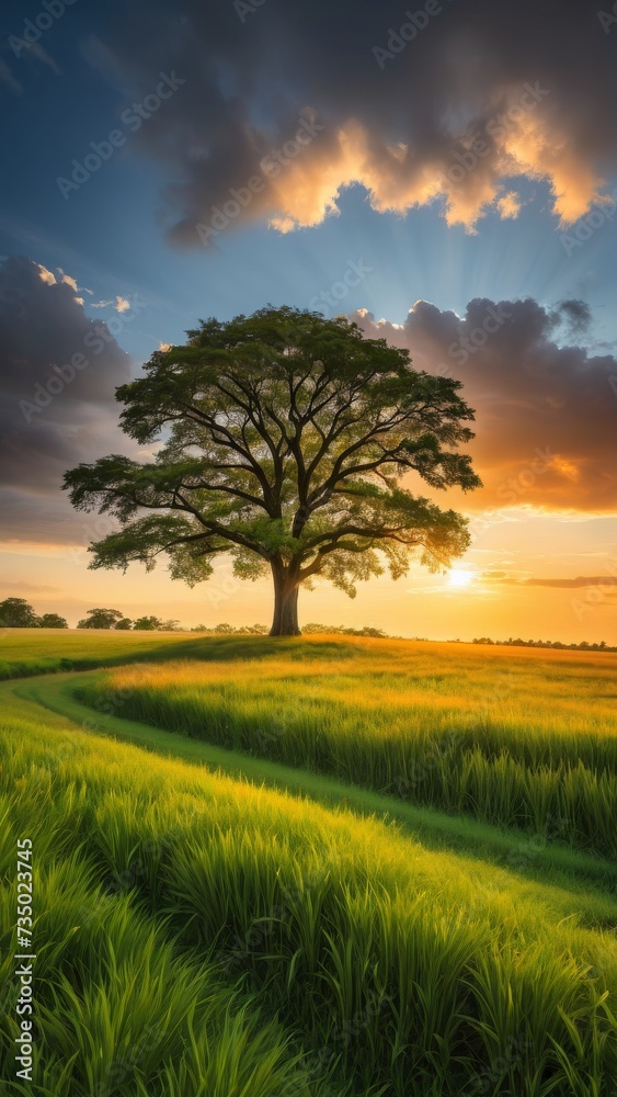 A single tree stands tall against a clouded sunset sky by ai generated