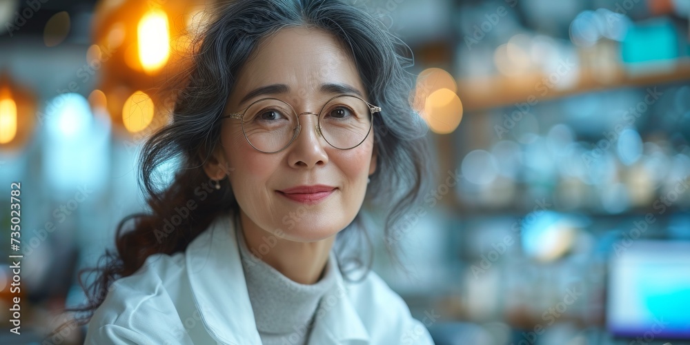 Obraz premium A portrait of a happy, confident Asian businesswoman, exuding professionalism and positivity in a corporate setting.