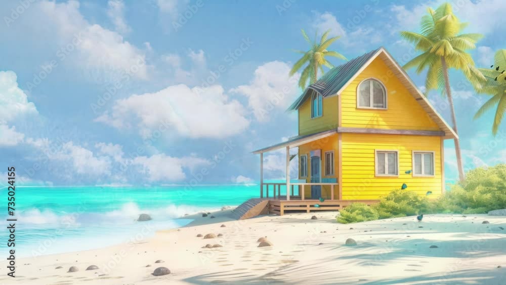 beach resort in summer theme with blue sky background. Cartoon or anime watercolor digital painting illustration style. seamless looping 4k video animation background. beach resort in summer theme with blue sky background. Cartoon or anime watercolor digital painting illustration style. seamless looping 4k video animation background.