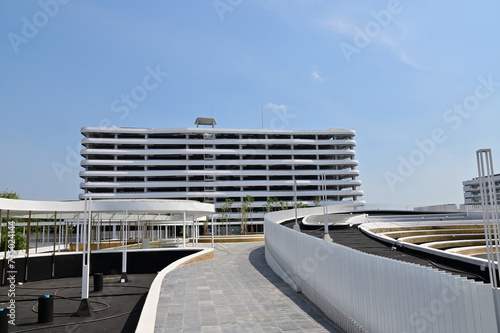 BANGKOK, THAILAND - February 14, 2024: New Parking Building D with a beautiful connecting road go to Government Complex (A Building), Thailand.