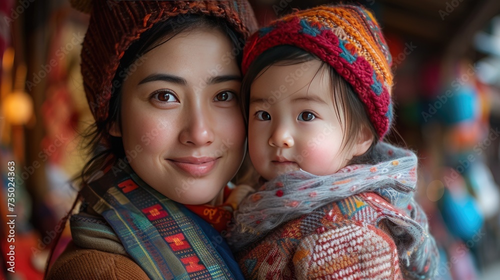 Close portrait of asian mother and child in traditions asian style Close portrait of asian mother and child in traditions asian style