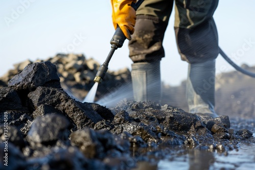 industrial worker using a pressure washer to clean oil off rocks