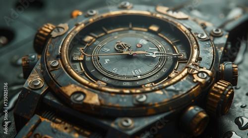 Closeup of an analog watch on a shiny metal surface