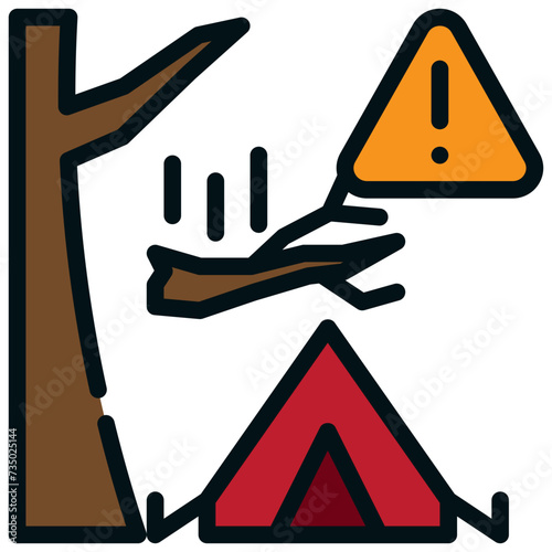 beware warning tree branch drop tent camping filled outline