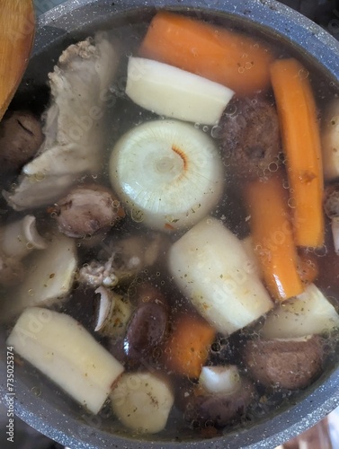 Chicken soup with vegetables and mushrooms. Close up details.