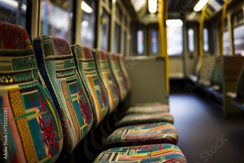 row of empty tram seats with colorful upholstery © primopiano