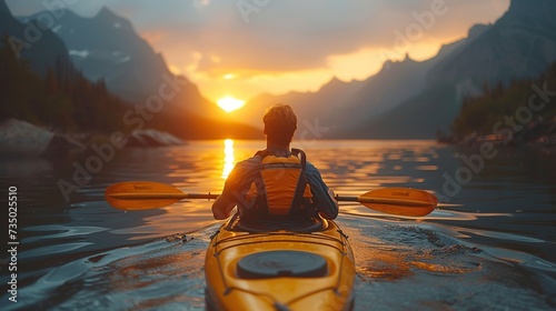 Adventurer kayaks on lake during sunset in sunny summer