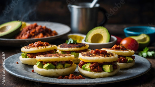 Colombian arepas filled with cheese, chorizo, and avocado.  photo