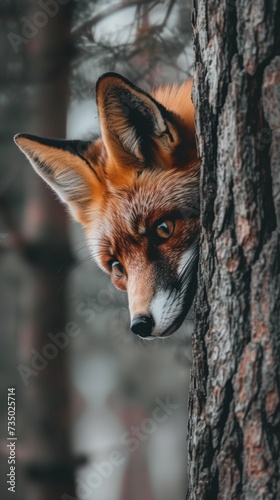 Curious Fox Hiding Behind Tree Trunk with Gleaming Eyes AI Generated.