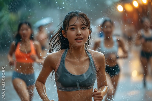 Asian ladies running in the rain