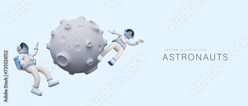 Astronauts float in zero gravity near cratered planet. Male characters in spacesuits in outer space