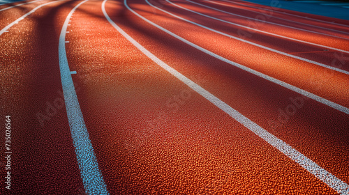 Close-up of red running track lanes with vivid textures and white lines, empty space for text, concept for athletic events or Olympic Games in Paris photo