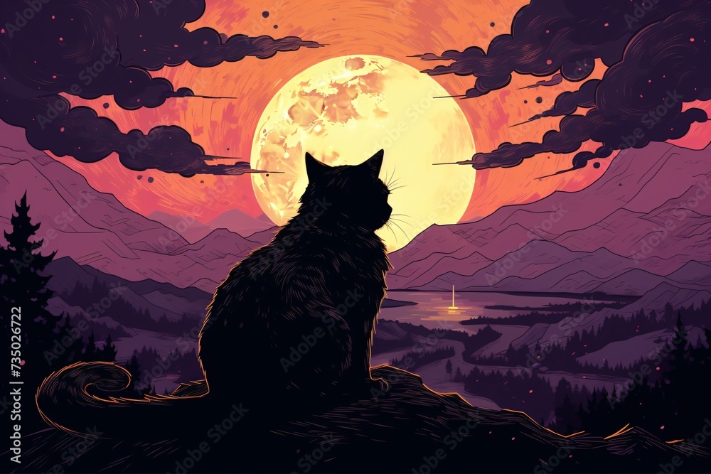 a cat sitting on a rock looking at the moon