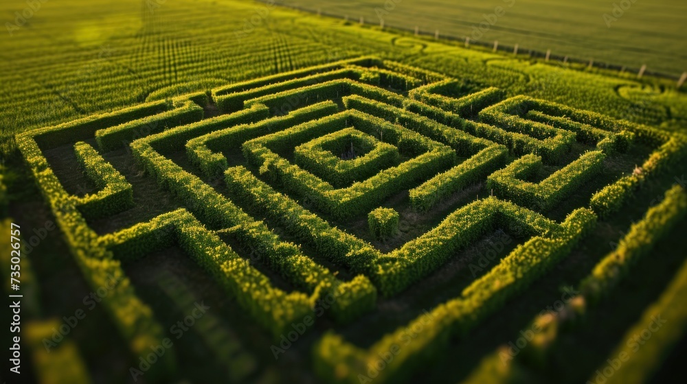 Drone point of view of grass labyrinth on field. Landscape with beautiful textures in the background