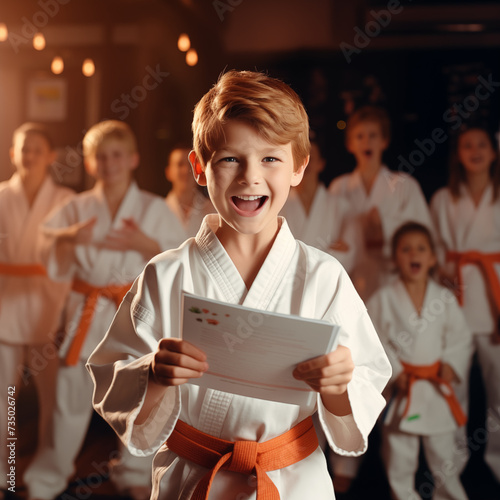 Stolze Karate-Kids zeigen ihre neuen Gürtel nach der Prüfung
 photo