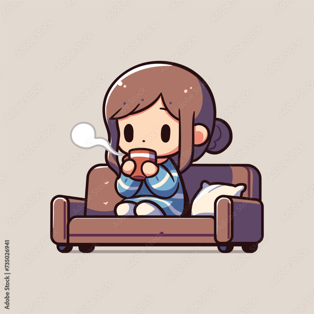 Cute Girl drinking a hot coffee on a Couch Cute Girl drinking a hot coffee on a Couch