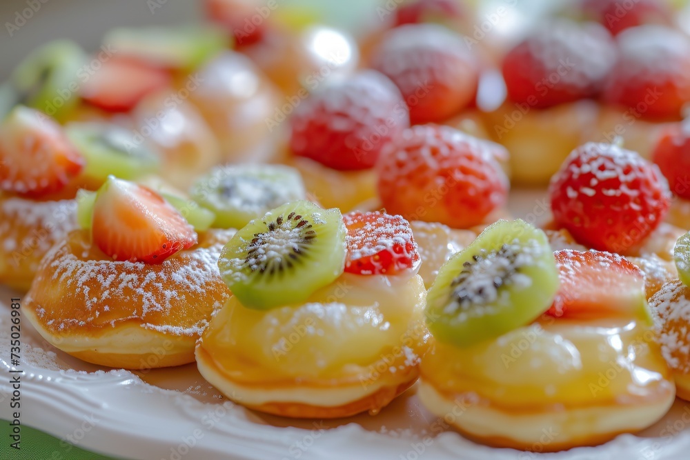 Delicious and homemade mini pancakes as a sweet perfect snack Poffertjes with fruits as sweet breakfast Delicious and homemade mini pancakes as a sweet perfect snack Poffertjes with fruits as sweet breakfast