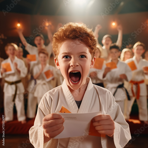 Stolze Karate-Kids zeigen ihre neuen Gürtel nach der Prüfung
 photo