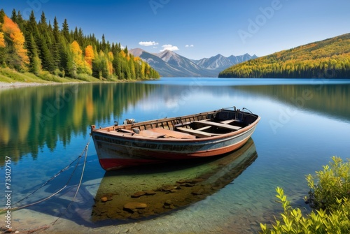 An old, rusty fishing boat rests on the shore of the lake, nestled against the slope by ai generated