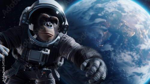 A chimpanzee in an astronaut suit levitates in space
