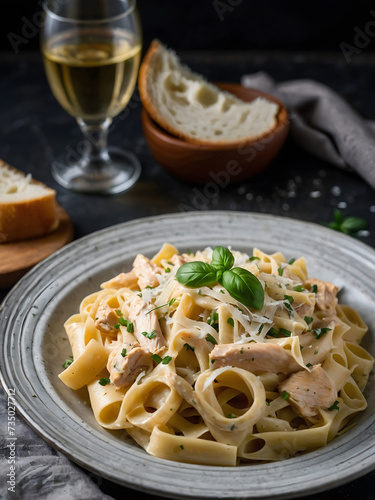 Creamy chicken Alfredo pasta with fettuccine noodles and parmesan cheese.