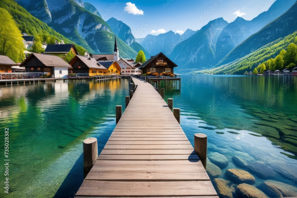 Capture Hallstatt Lake's charm iconic pier, mountain backdrop, quaint cottages by ai generated