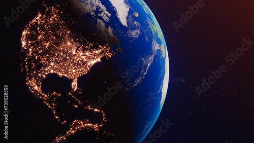 Planet Earth at night from space. City lights on planet. Star and galaxy. Showing the lights of North and Central America. Elements of this image furnished by NASA. 3D rendering. photo