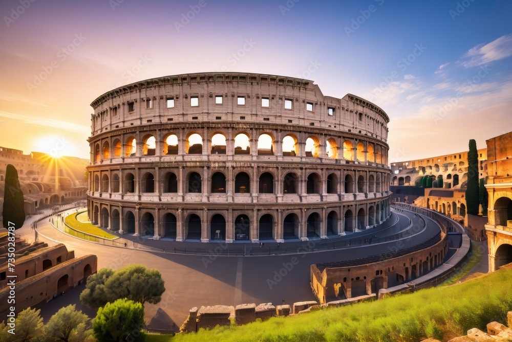 Capture sunrise at the Roman Colosseum vibrant sky, ancient grandeur by ai generated