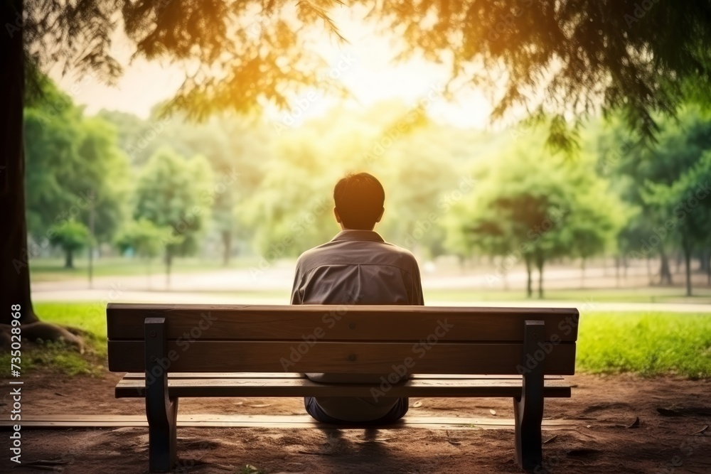 Fototapeta premium Man sitting on a bench alone, in the park, in sunlight, quiet luxury concept