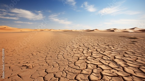 Dry desert, Cracked Earth against a background of blue sky. The concept of drought, global warming, climate change.