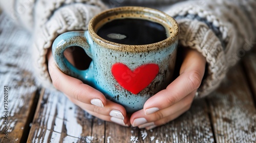 Happy morning concept joyful hands holding a coffee cup with heart symbol on mug