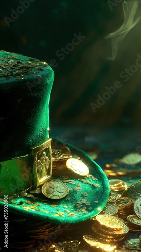 Green Patricks hat with gold coins close up background