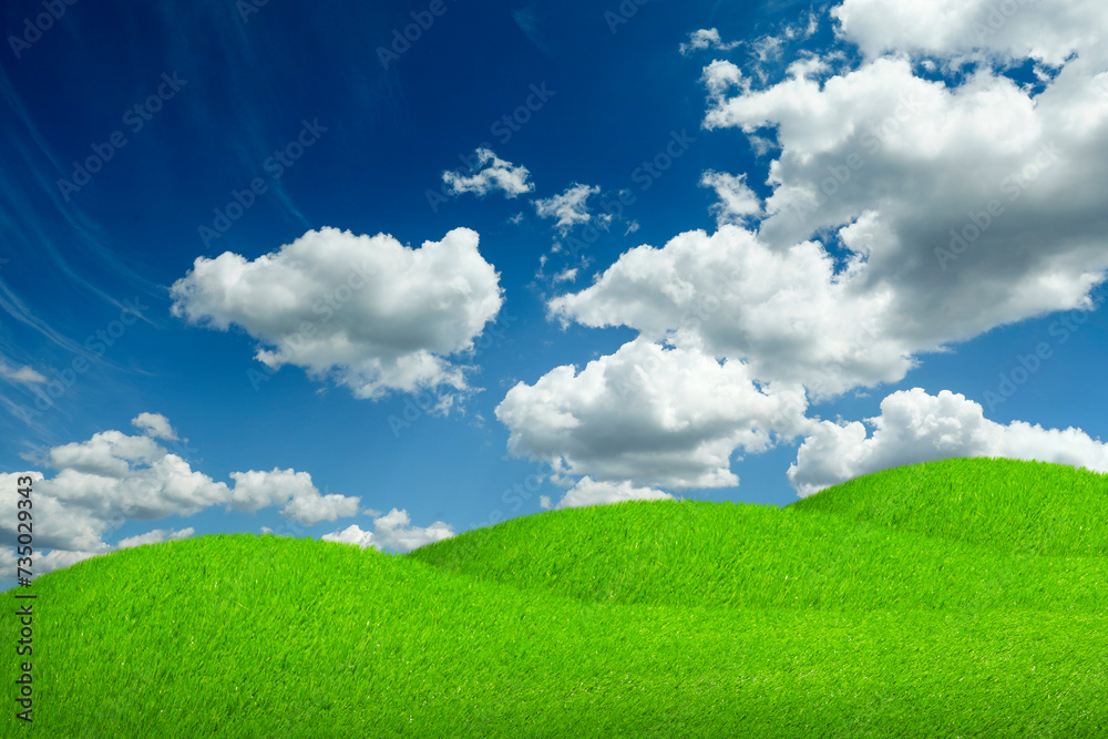 Lush green grass under blue sky with fluffy clouds