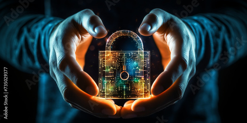 Closeup shot of a person's hand holding a padlock symbolizing data protection and cybersecurity, Guardian of Information: Person's Hand with Data Protection Padlock