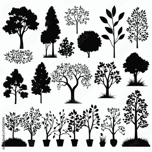 Set of tree and bush silhouettes illustration vector plant silhouette collection design
