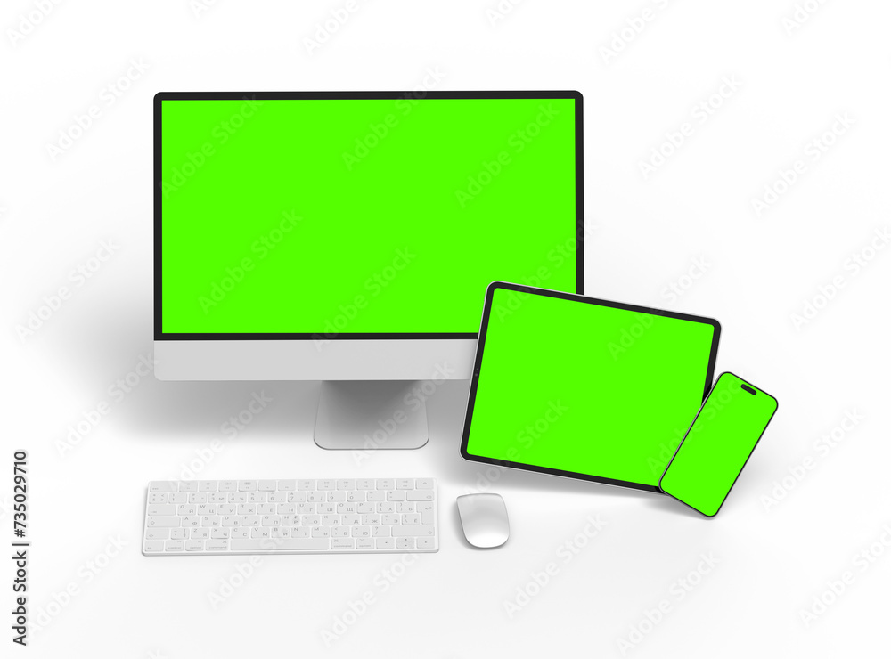 3D Render of smartphone tablet desktop with green screens on a transparent background 3D Render of smartphone tablet desktop with green screens on a transparent background
