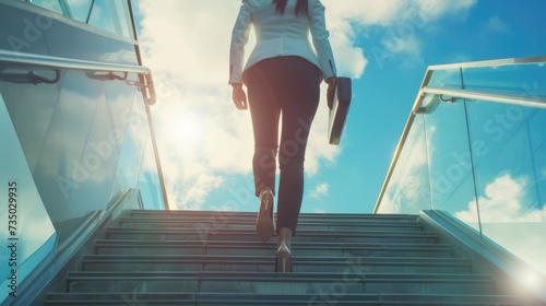 Businesswoman stepping up a stairway with sky in background. Success woman concept.